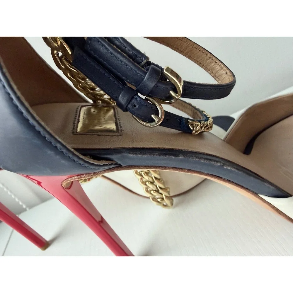 GUESS Marciano Chain Heels Leather Peep Toe Pumps Y2K Size 37.5 US 7.5